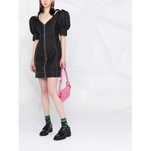 GANNI OPEN V-NECK MINI DRESS - BLACK Size 36/ S